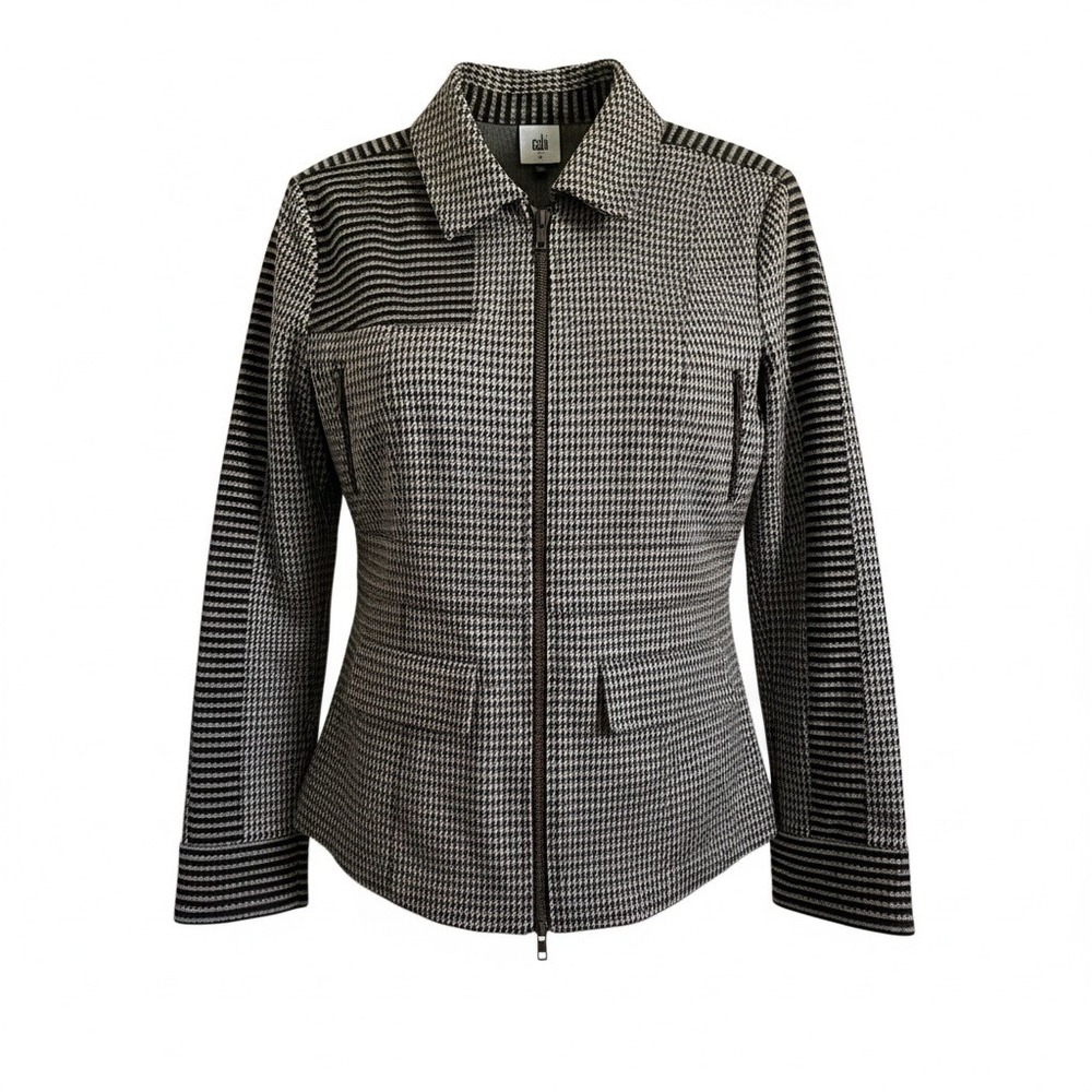 Cabi Houndstooth Mixed Media Womens Size M Zip Front Classic Jacket Blazer Brown